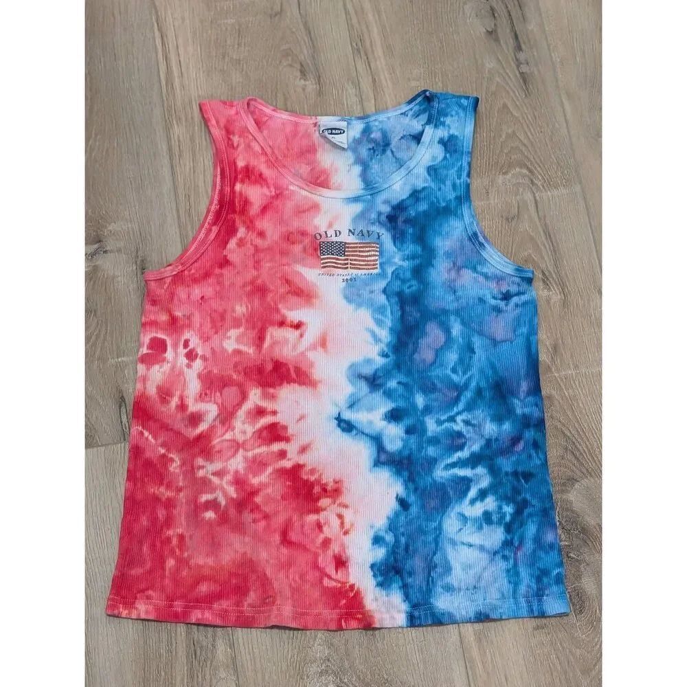 Vintage Old Navy 2001 American Flag Ribbed Tank Tie Dye XL Patriotic Hippie Boho